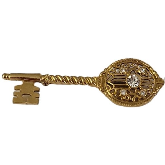 1928 Brand Gold Tone Clear Rhinestone Skeleton Key Brooch Pin K541 - Picture 3 of 10